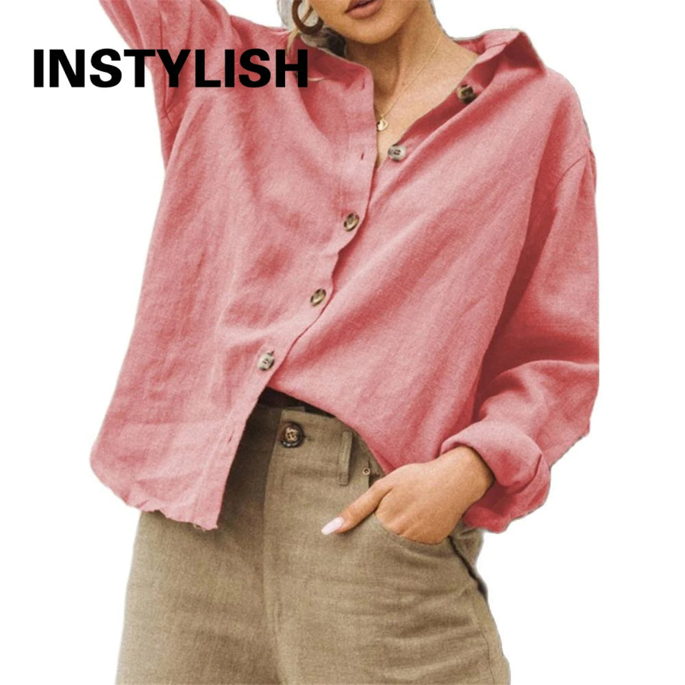 Women’s watermelon red cotton linen oversized button-up blouse by Craftklart Dropship, shown on a model.