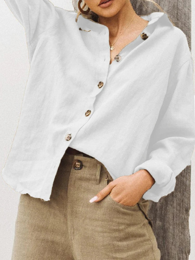 Women's cotton linen oversized button-up blouse in vibrant watermelon red, featuring a relaxed fit and classic collar.