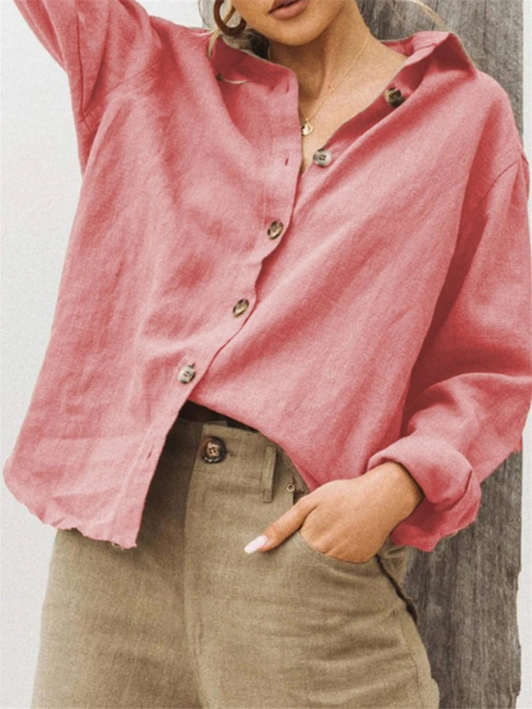 Women’s oversized cotton linen blouse in watermelon red by Craftklart Dropship, featuring button-up front and relaxed fit.