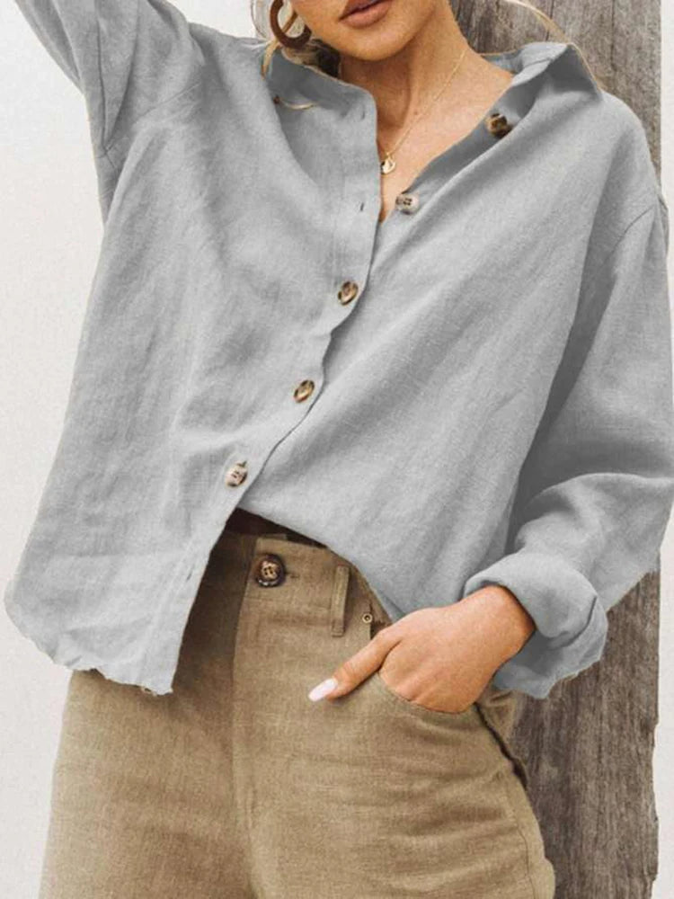 Women's cotton linen oversized button-up blouse in watermelon red, featuring a relaxed fit and classic collar from Craftklart Dropship.
