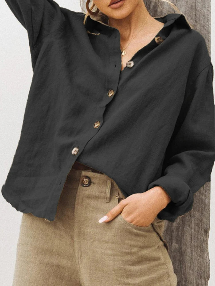 Women's cotton linen oversized button-up blouse in watermelon red by Craftklart Dropship, featuring a relaxed fit and front buttons.