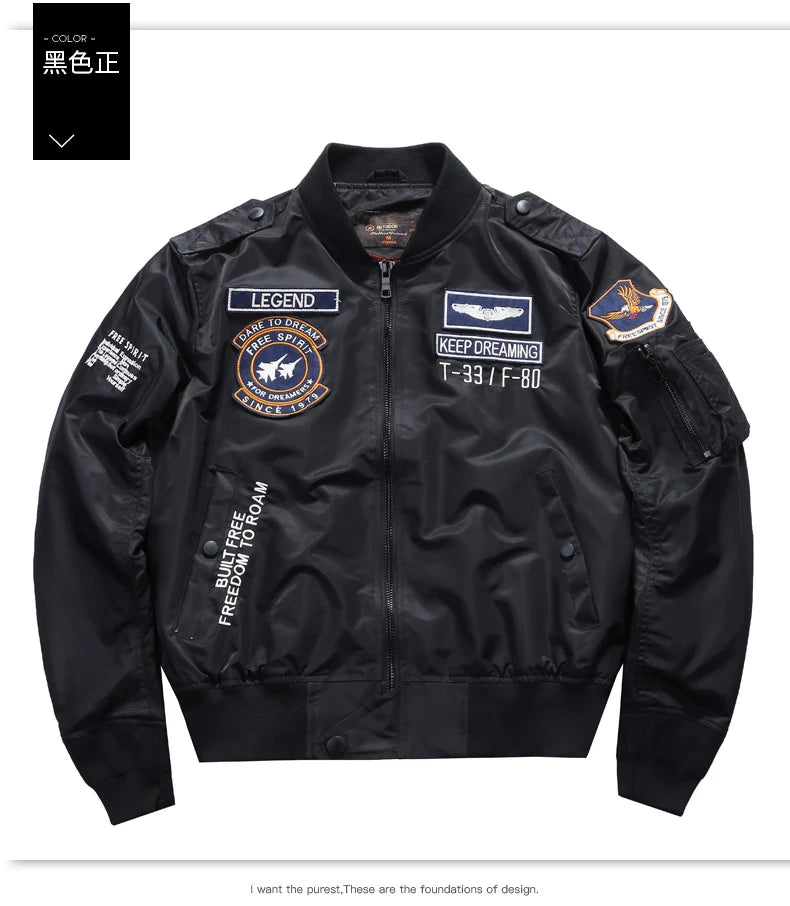 Men's green tactical MA-1 flight bomber jacket, spring military-style military jacket, craftklart brand, front view.
