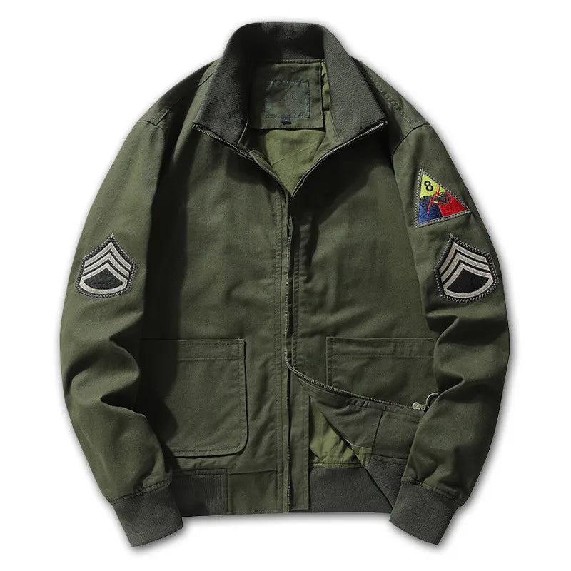 Men's khaki military cotton pilot bomber jacket with cargo pockets, designed for a rugged, stylish look.