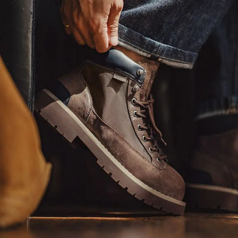 Men's brown suede work boots with chunky sole, round toe, splice design, from Craftklart Dropship.