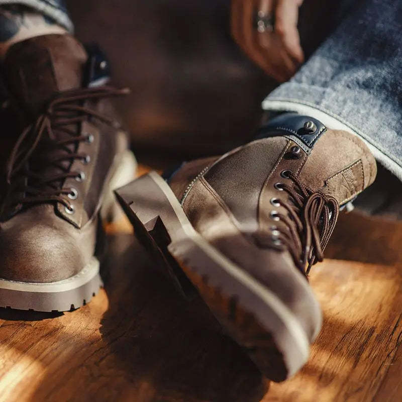 Men's brown suede work boots with chunky sole, round toe, and splice design by Craftklart Dropship.