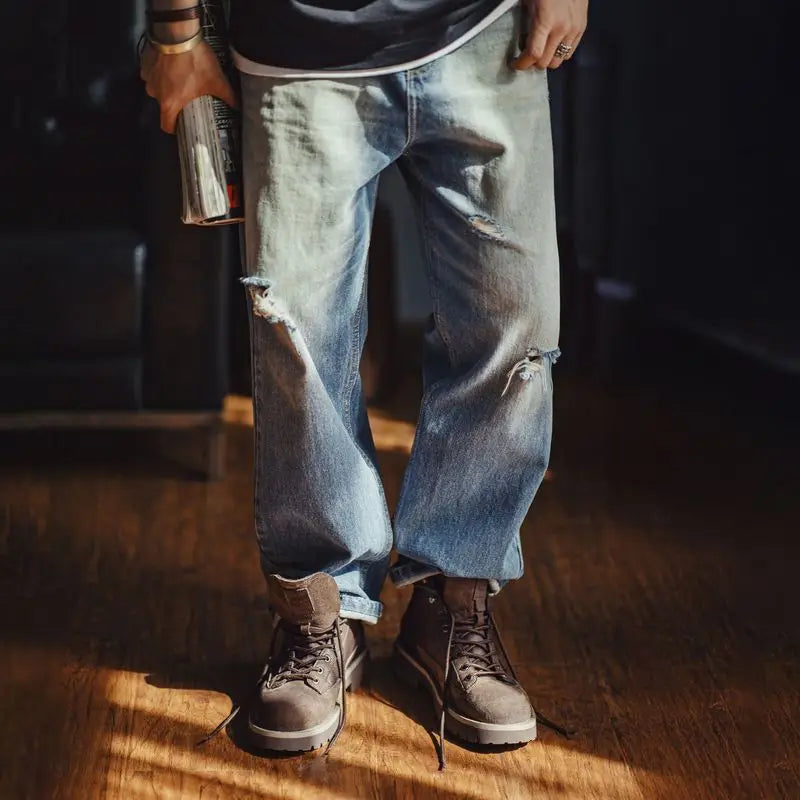 Men's brown suede work boots with chunky soles, round toe, splice design, by Craftklart Dropship.