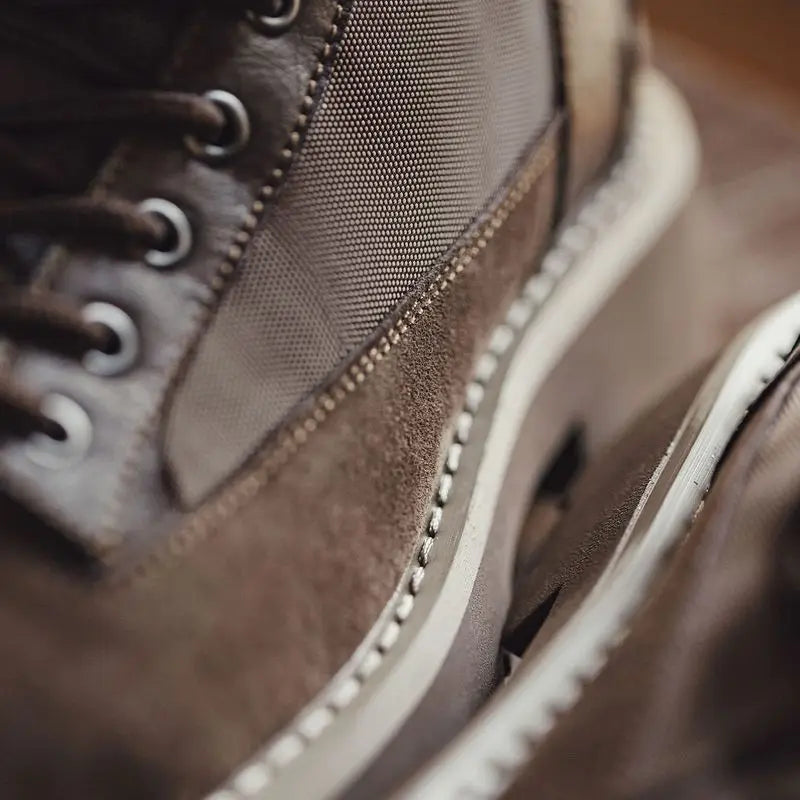 Men's brown suede work boots with chunky sole, round toe, and splice design by Craftklart Dropship.