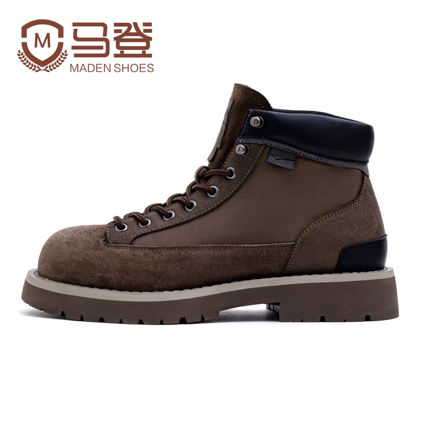 Men's brown suede work boots with chunky soles, round toe, splice design, from Craftklart Dropship.