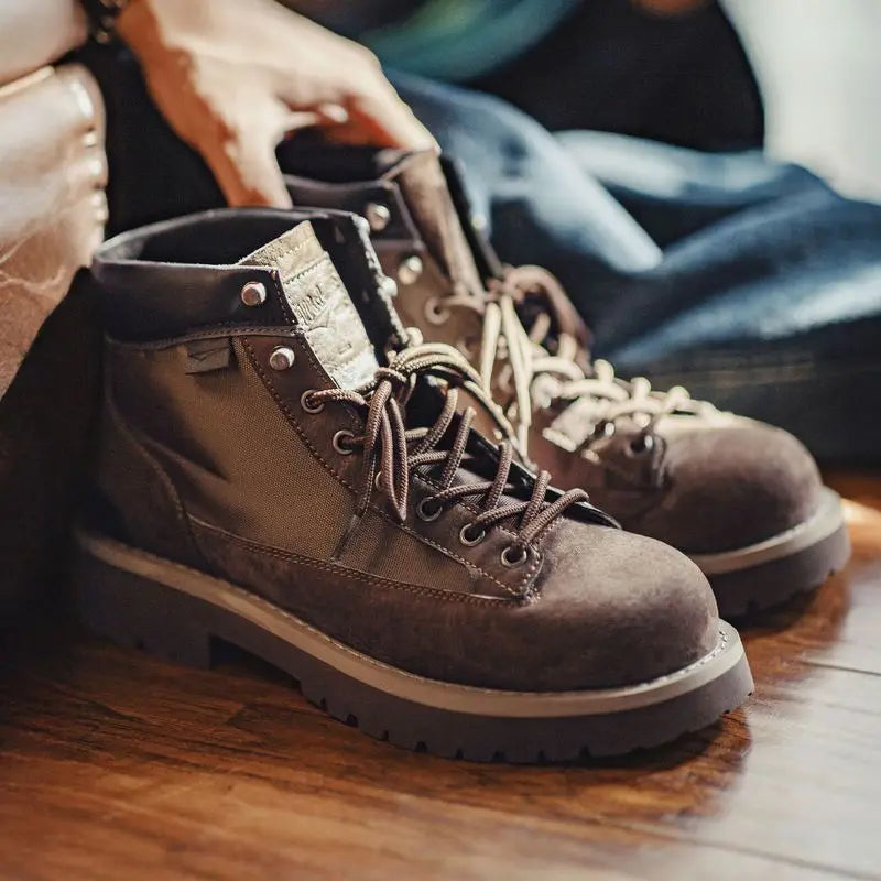 Men's brown suede work boots with chunky sole, round toe, and splice design by Craftklart Dropship.