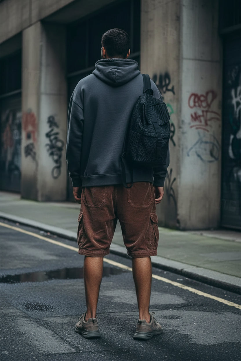Men's loose casual corduroy cargo shorts in solid coffee color with textured fabric, from Craftklart Dropship.