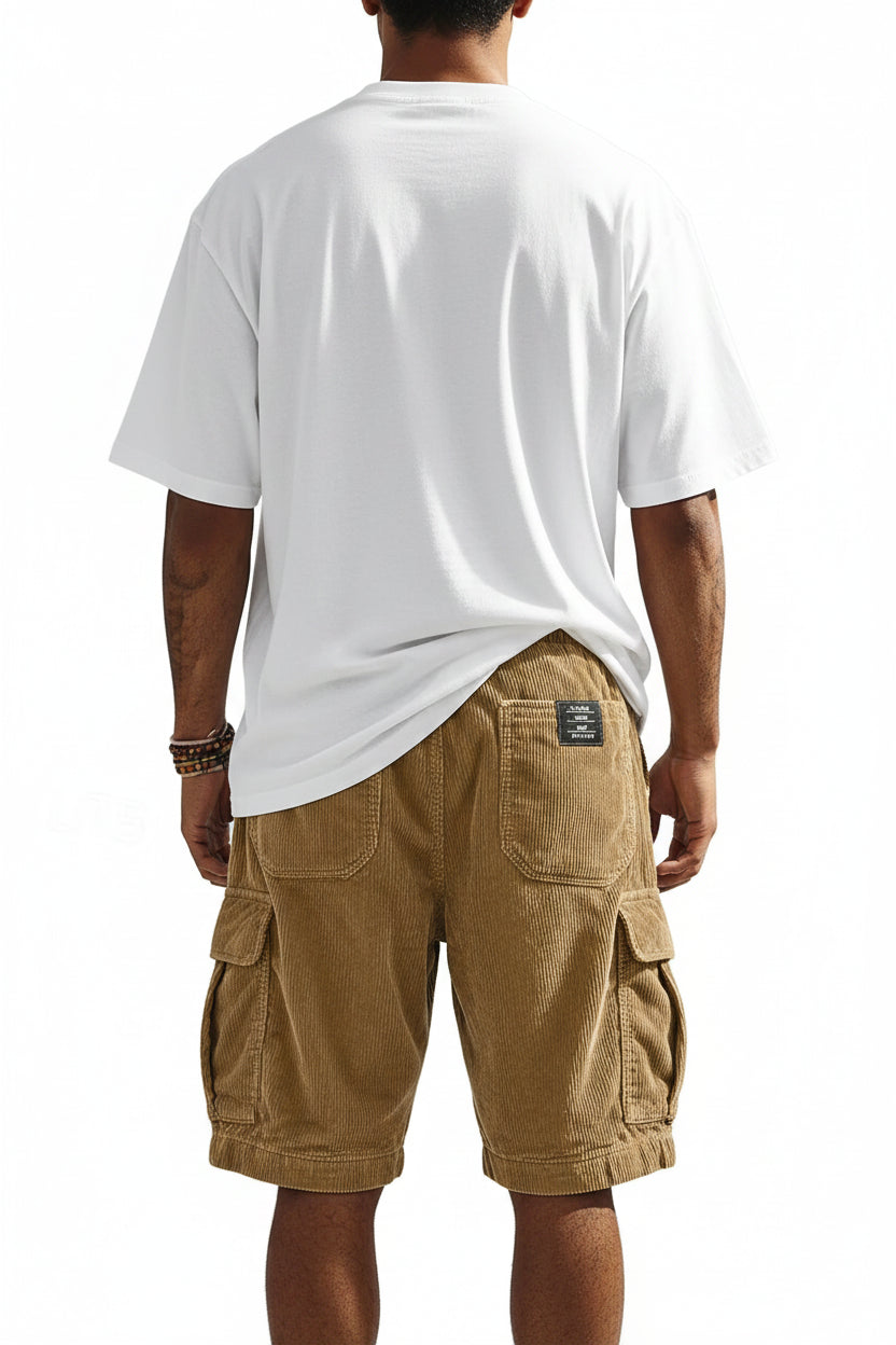 Men's loose casual corduroy cargo shorts in solid coffee color, textured fabric, from Craftklart Dropship.