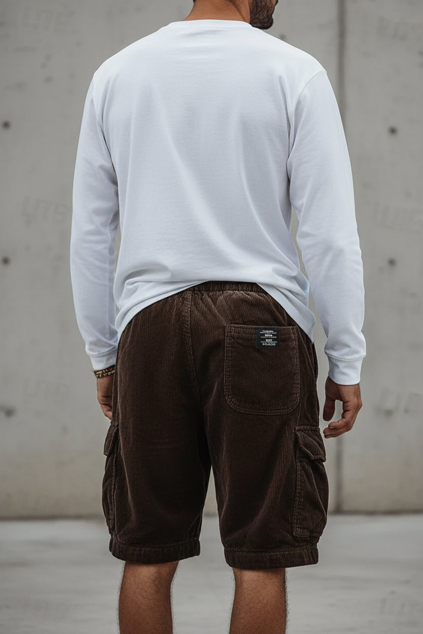 Men's loose casual textured corduroy cargo shorts in solid coffee color, stylish and comfortable for everyday wear by Craftklart Dropship.