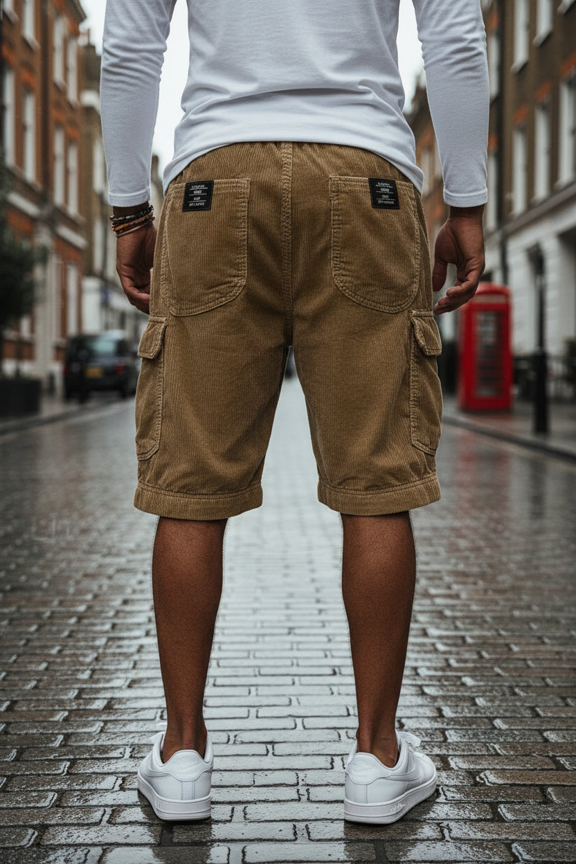 Men's loose casual textured corduroy cargo shorts in solid coffee color, stylish and comfortable for everyday wear.