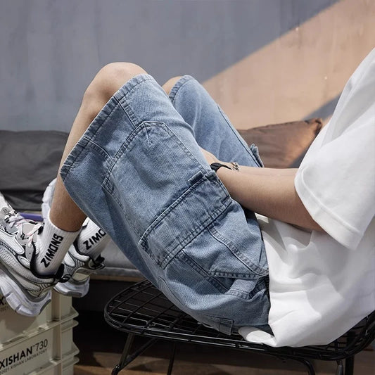 Men's black baggy cargo denim shorts from Craftklart Dropship featuring multiple pockets and a relaxed fit for high street style.