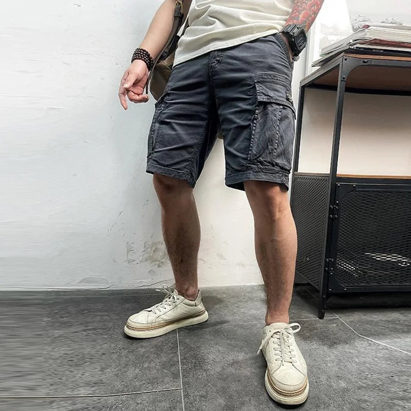 Men's khaki cotton cargo shorts with multiple pockets, quick-dry and breathable jogger style from Craftklart Dropship.