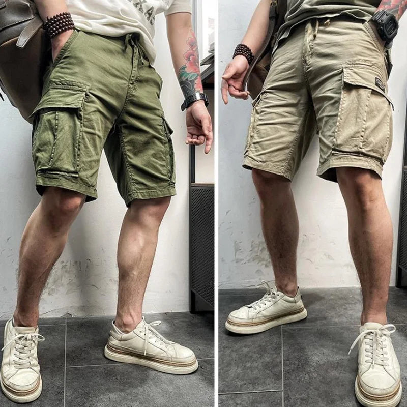 Men's khaki cotton cargo shorts with multiple pockets, quick-dry, breathable jogger style from Craftklart Dropship.