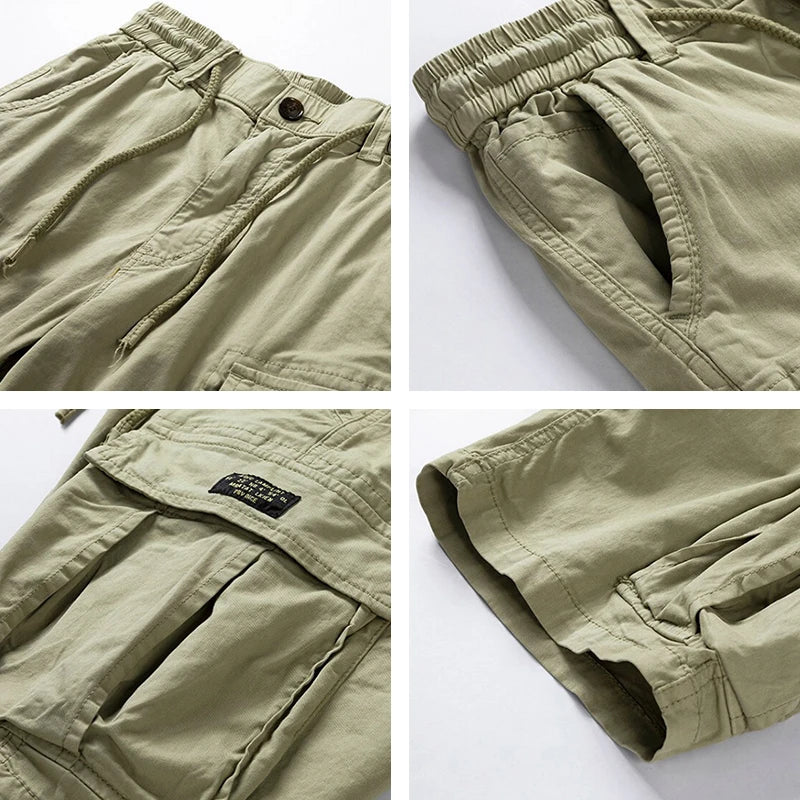 Men's khaki cotton cargo shorts with multiple pockets, quick-dry, breathable fabric, designed for comfort and casual wear.