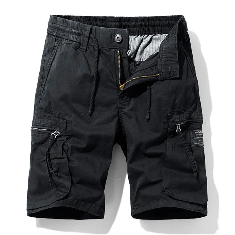 Men's khaki cotton cargo shorts with multiple pockets, quick-dry and breathable jogger style for comfortable outdoor wear.