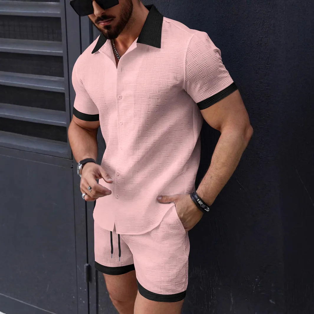 Black men's cotton-linen shirt and shorts 2-piece co-ord set by Craftklart Dropship, casual summer outfit.