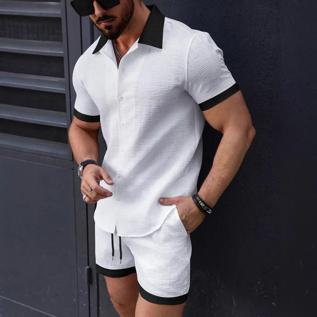 Men's black cotton-linen co-ord set featuring a short-sleeve shirt and matching shorts by Craftklart Dropship