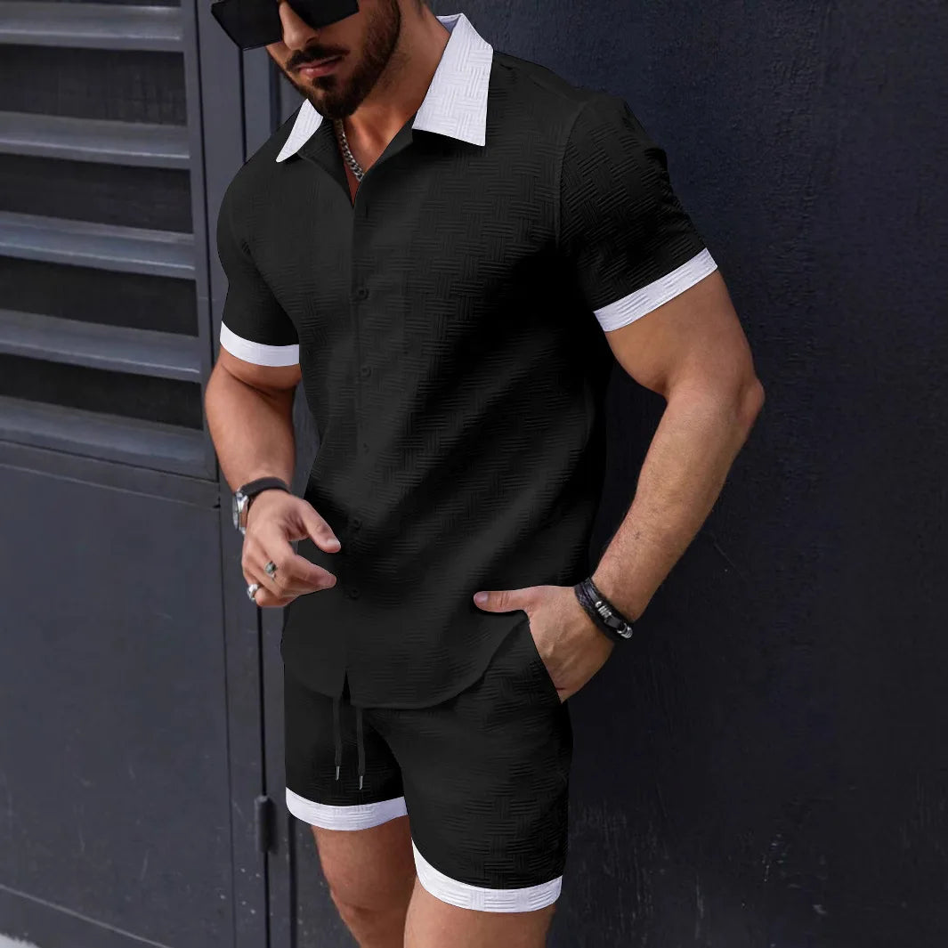 Men's black cotton-linen shirt and shorts 2-piece co-ord set from Craftklart Dropship, casual summer outfit.