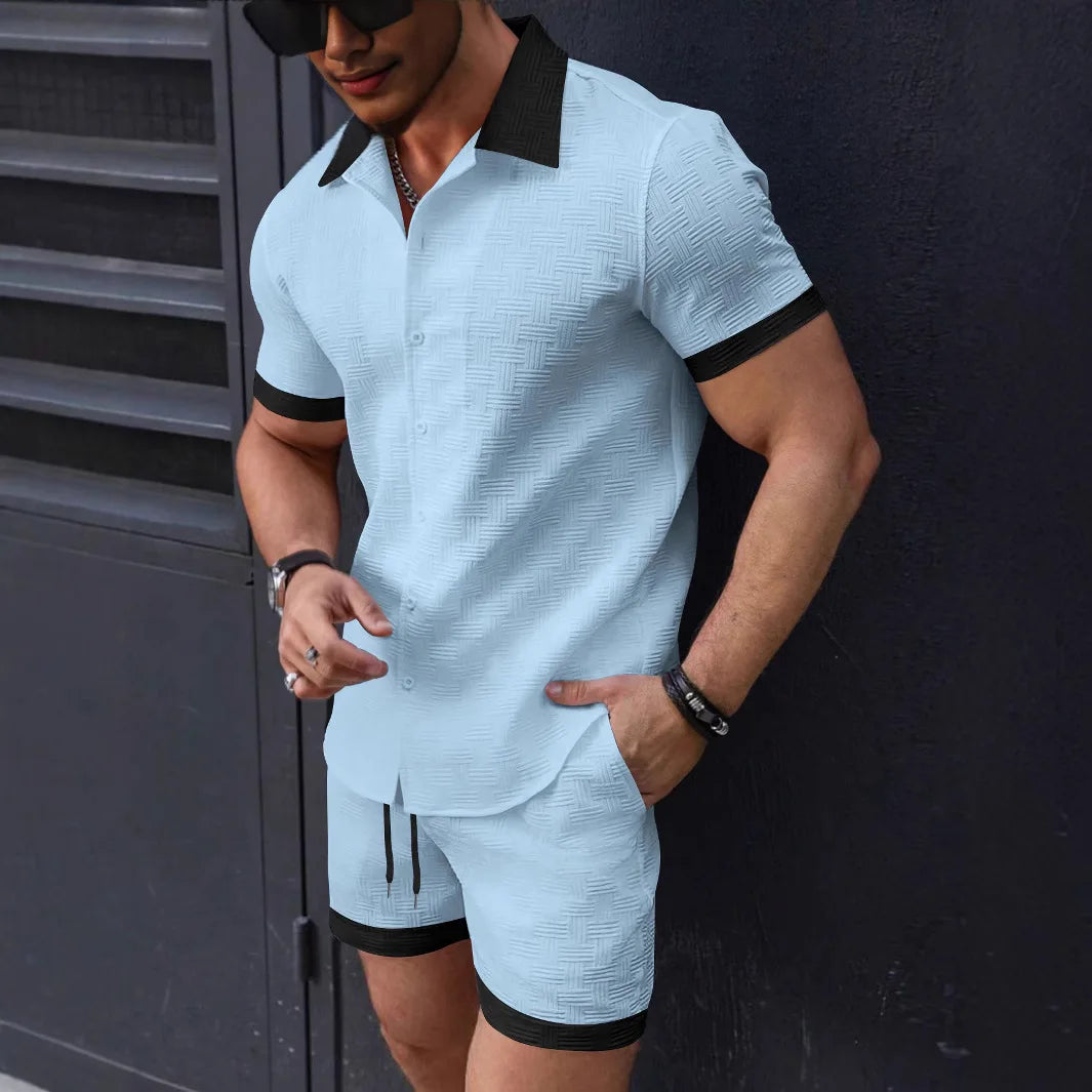 Men's black cotton-linen shirt and shorts co-ord set by Craftklart Dropship, casual 2-piece summer outfit.
