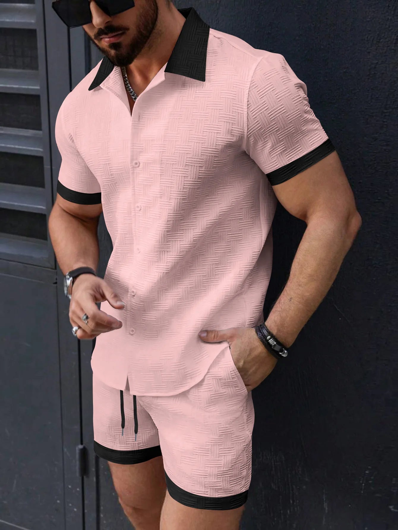 Men's black cotton-linen shirt and shorts 2-piece co-ord set by Craftklart Dropship, casual summer outfit, front view.