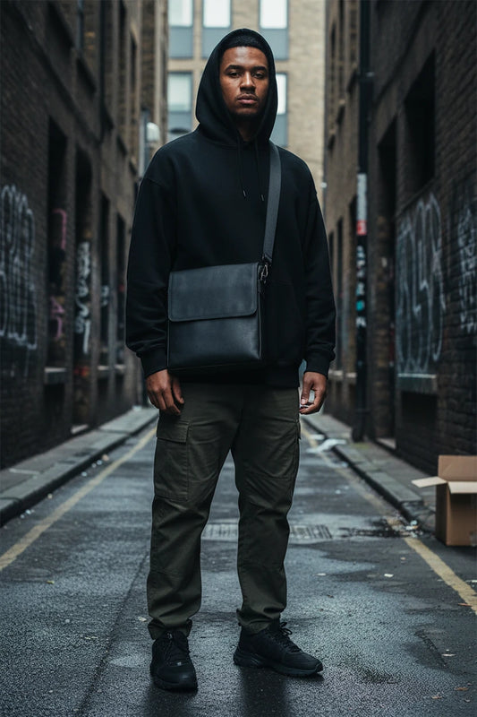 Black urban leather shoulder crossbody bag for men with adjustable strap and multiple compartments, crafted by Craftklart Dropship.