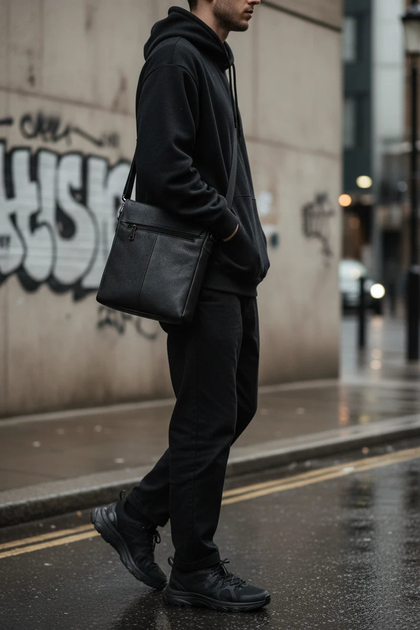Black urban leather shoulder bag for men by Craftklart Dropship, stylish crossbody bag with adjustable strap and spacious interior.