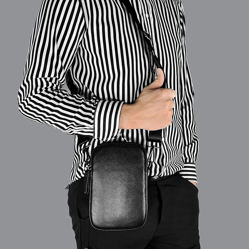Men's urban black crossbody bag made of small grain cowhide, stylish and compact, from Craftklart Dropship.