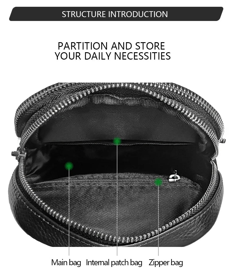 Men's black crossbody bag made of small grain cowhide, urban style, crafted by Craftklart Dropship, shown from side with adjustable strap.