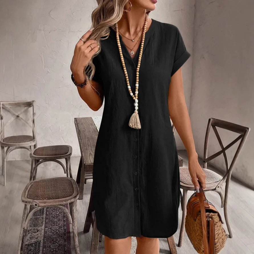 Women's V-Neck BaCKLess Mini Dress – Casual Cotton Linen A-Line Shirt Dress | Minimalist Streetwear | Craftklart