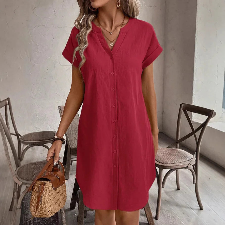 Women's V-Neck BaCKLess Mini Dress – Casual Cotton Linen A-Line Shirt Dress | Minimalist Streetwear | Craftklart