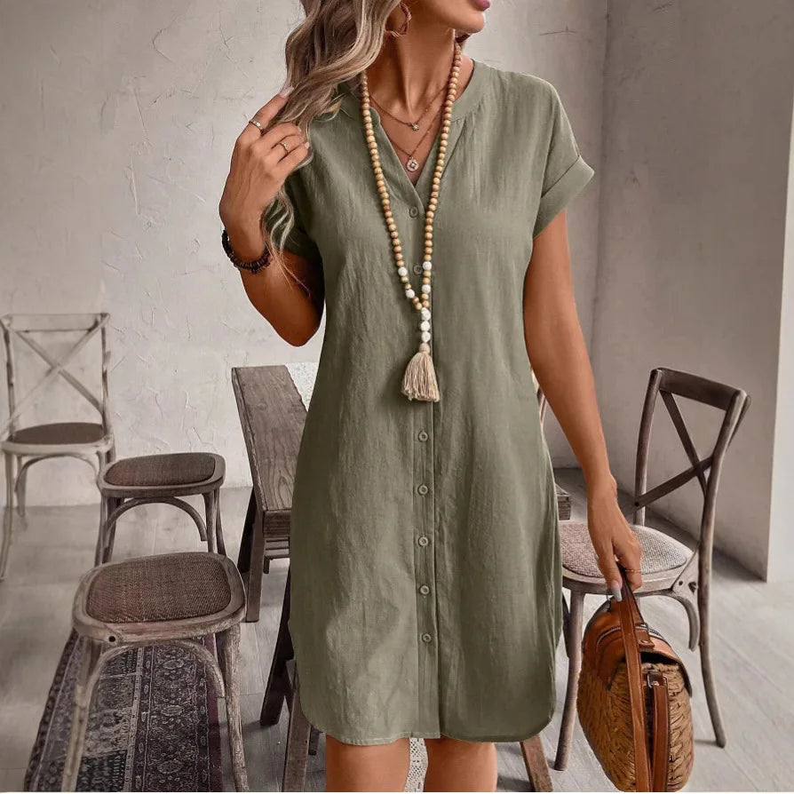 Women's V-Neck BaCKLess Mini Dress – Casual Cotton Linen A-Line Shirt Dress | Minimalist Streetwear | Craftklart