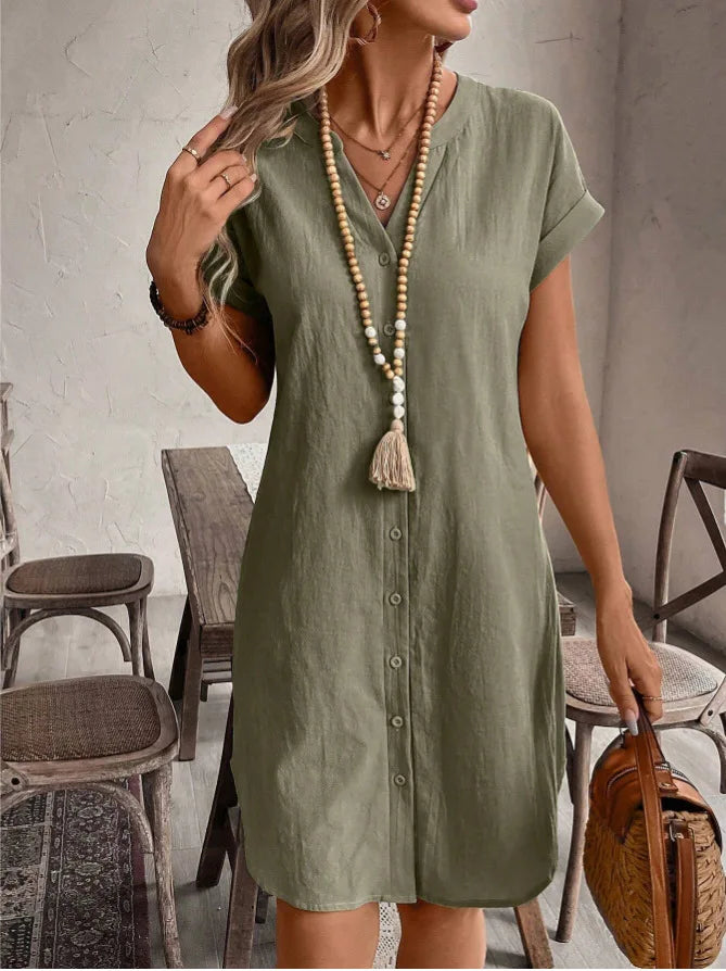 Women's V-Neck BaCKLess Mini Dress – Casual Cotton Linen A-Line Shirt Dress | Minimalist Streetwear | Craftklart