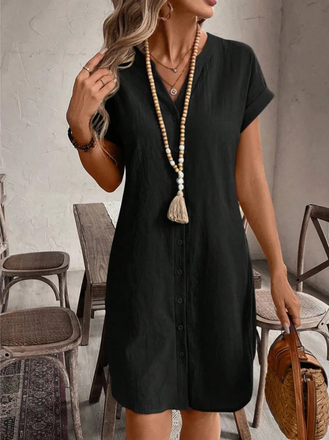 Women's V-Neck BaCKLess Mini Dress – Casual Cotton Linen A-Line Shirt Dress | Minimalist Streetwear | Craftklart