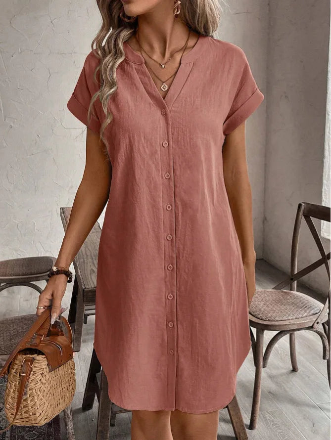 Women's V-Neck BaCKLess Mini Dress – Casual Cotton Linen A-Line Shirt Dress | Minimalist Streetwear | Craftklart