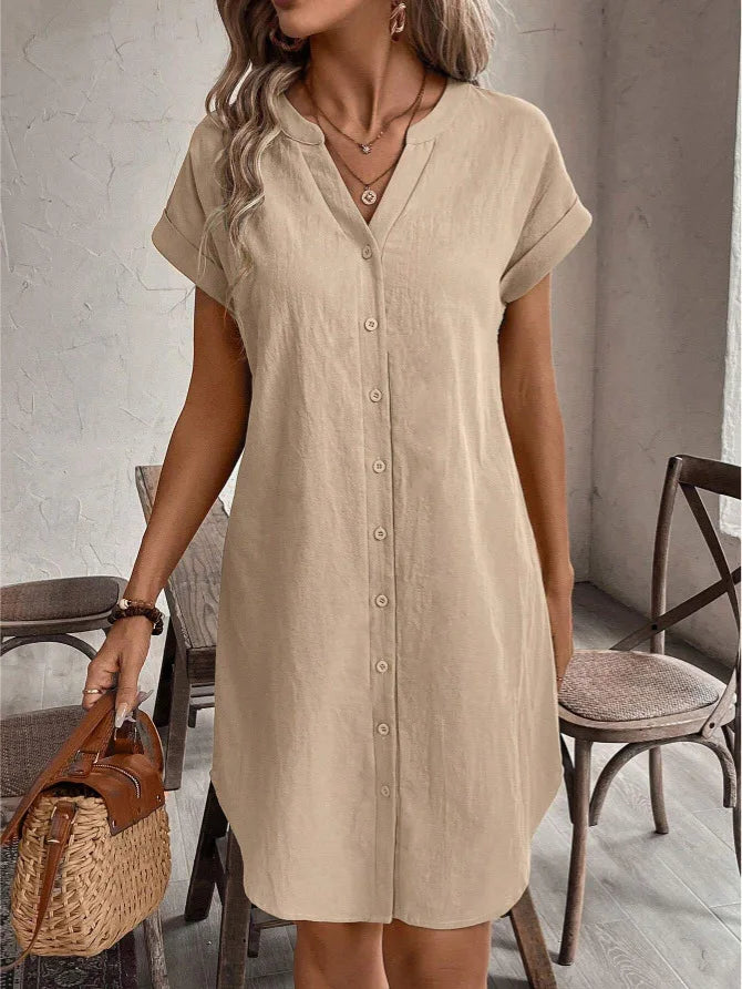 Women's V-Neck BaCKLess Mini Dress – Casual Cotton Linen A-Line Shirt Dress | Minimalist Streetwear | Craftklart