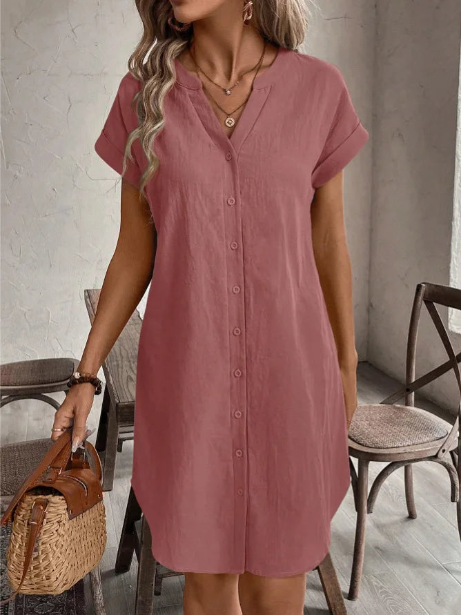 Women's V-Neck BaCKLess Mini Dress – Casual Cotton Linen A-Line Shirt Dress | Minimalist Streetwear | Craftklart
