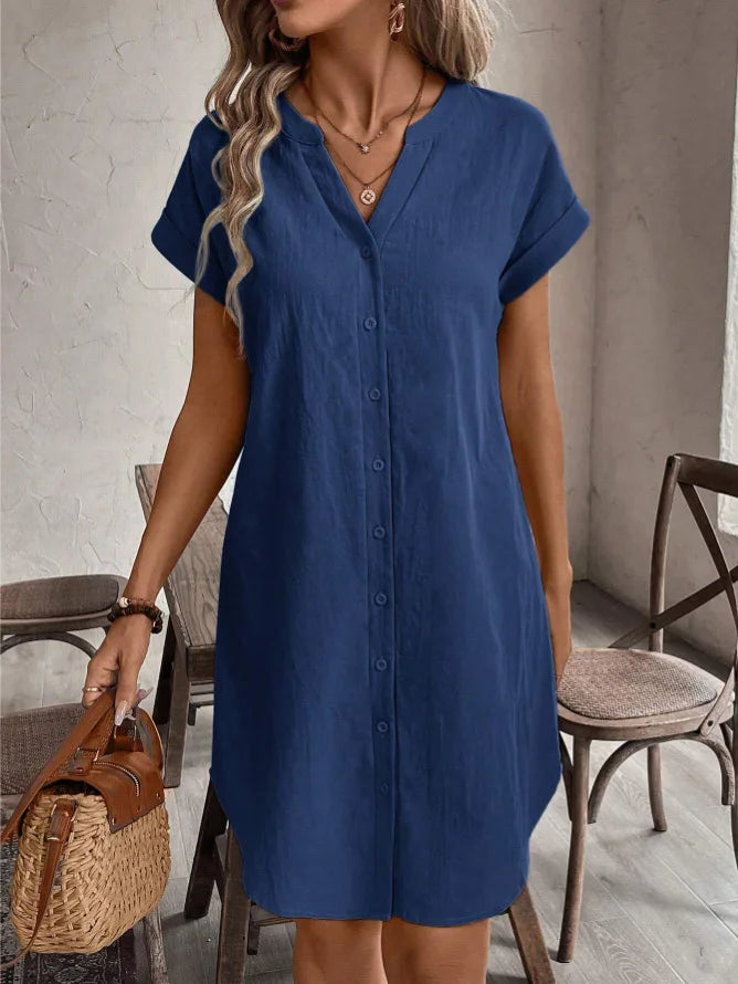 Women's V-Neck BaCKLess Mini Dress – Casual Cotton Linen A-Line Shirt Dress | Minimalist Streetwear | Craftklart