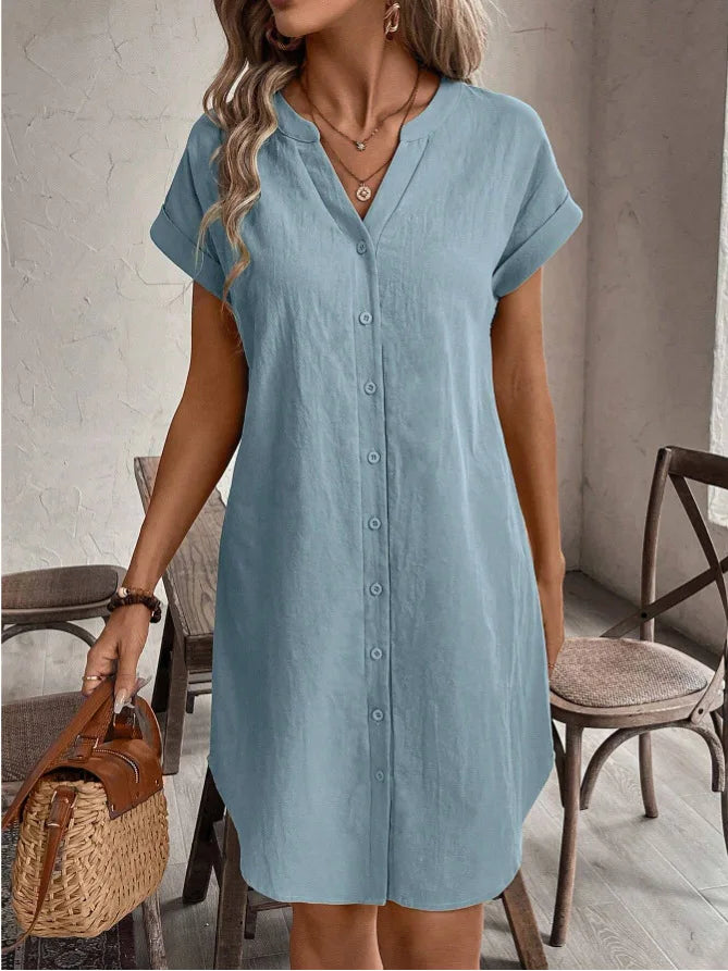 Women's V-Neck BaCKLess Mini Dress – Casual Cotton Linen A-Line Shirt Dress | Minimalist Streetwear | Craftklart