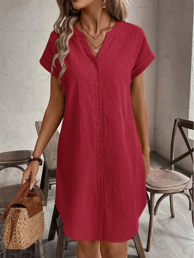 Women's V-Neck BaCKLess Mini Dress – Casual Cotton Linen A-Line Shirt Dress | Minimalist Streetwear | Craftklart