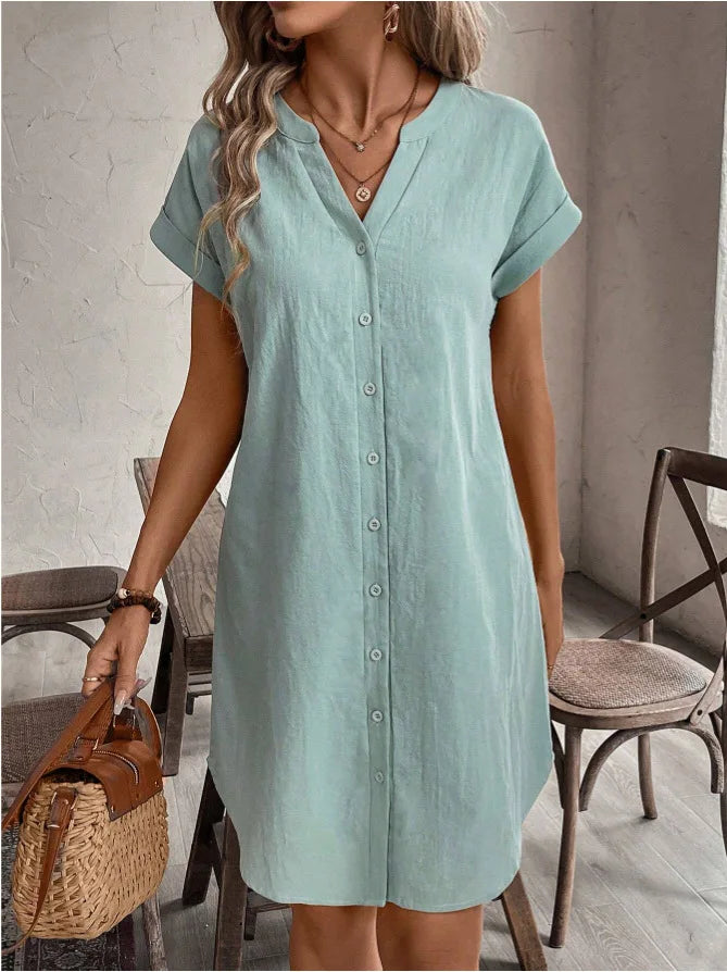 Women's V-Neck BaCKLess Mini Dress – Casual Cotton Linen A-Line Shirt Dress | Minimalist Streetwear | Craftklart
