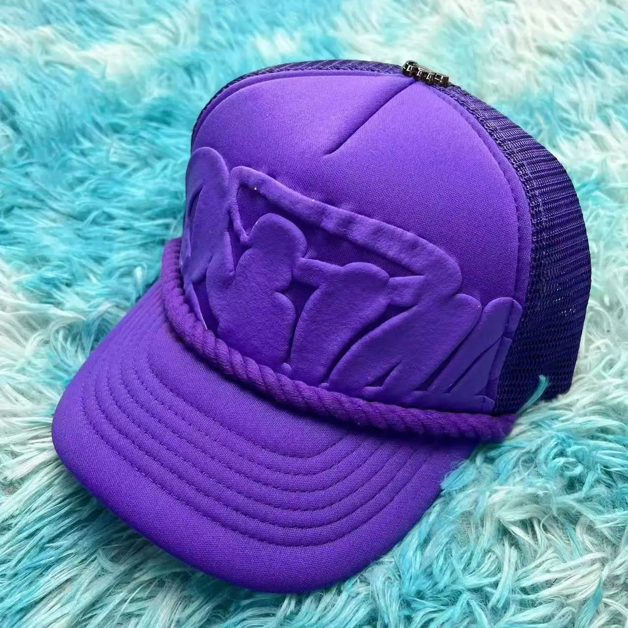 Urban streetwear foam letter embroidery breathable wide brim cap, stylish hat with adjustable fit and bold embroidered design.