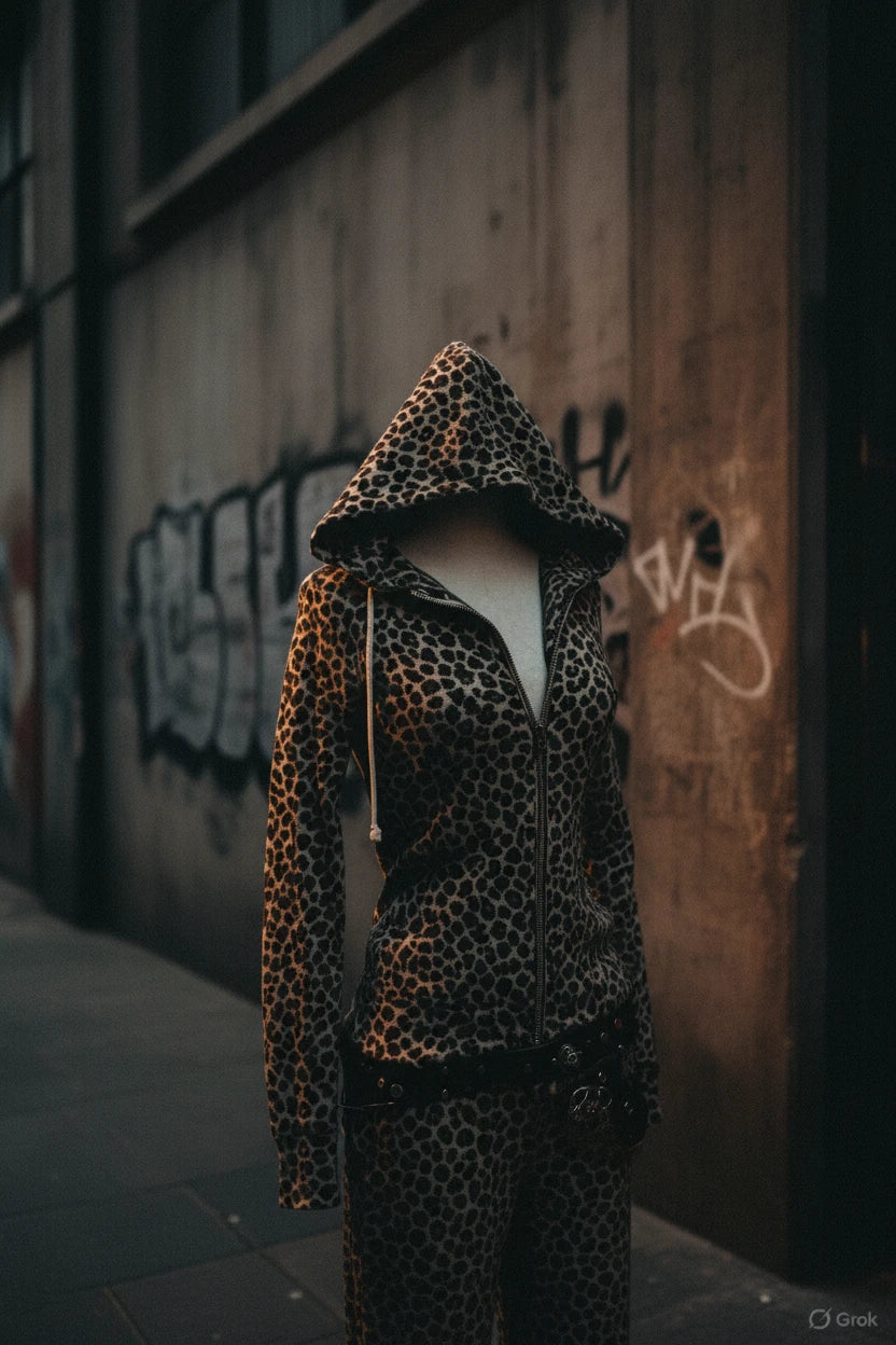 Women's leopard print zip hoodie by Craftklart Dropship, stylish streetwear hoodie with Y2K and goth-inspired design.