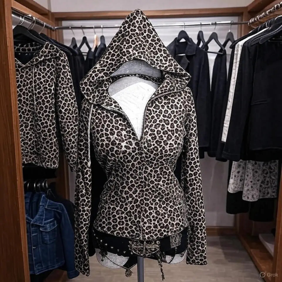 Women’s XL leopard print zip hoodie by Craftklart Dropship featuring Y2K, Harajuku, goth streetwear style.