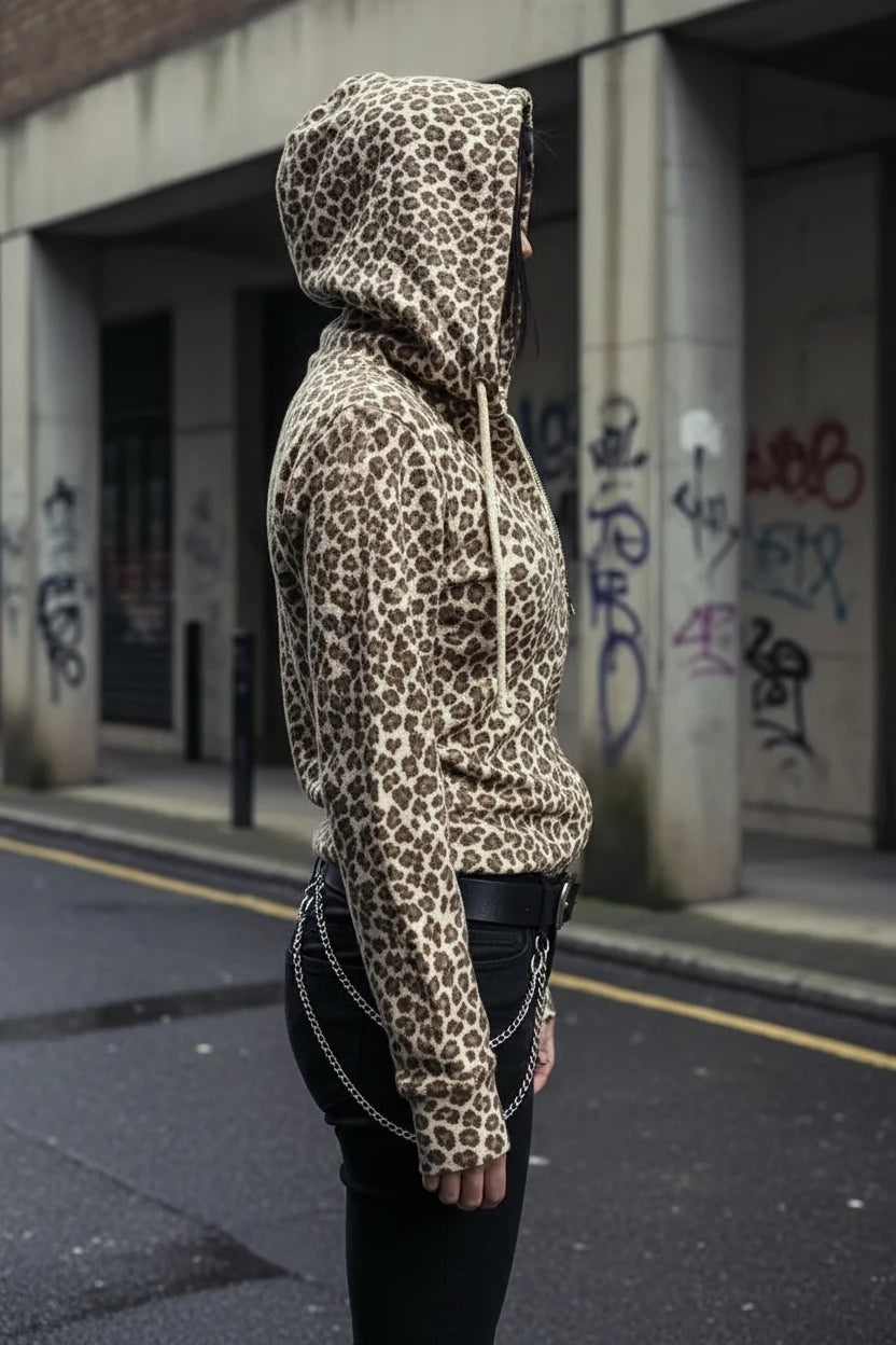 Women’s XL leopard print zip hoodie by Craftklart Dropship, Y2K goth streetwear style with black and tan leopard pattern.
