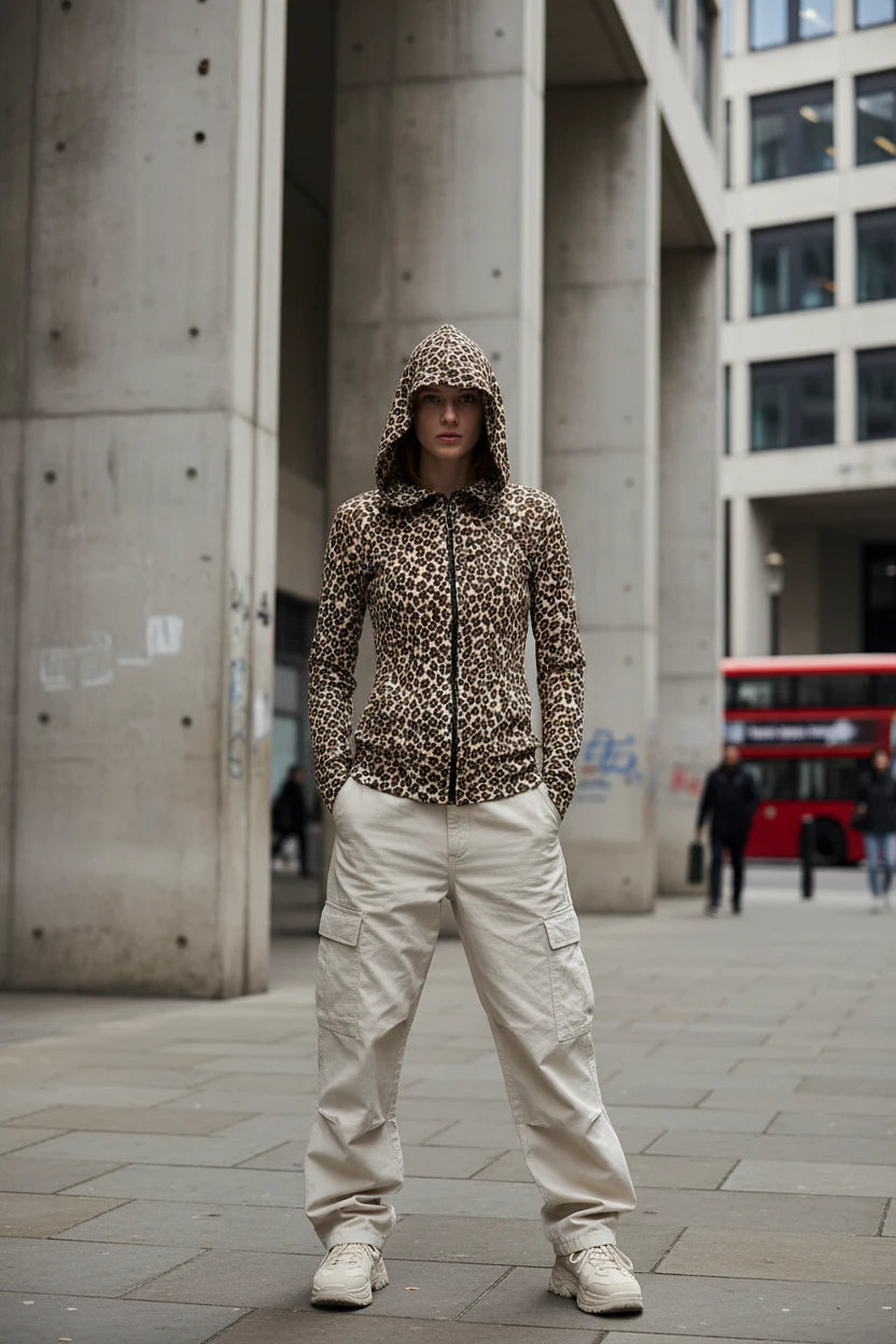Women’s leopard print zip hoodie by Craftklart Dropship featuring Y2K style, streetwear design, and a comfortable fit.