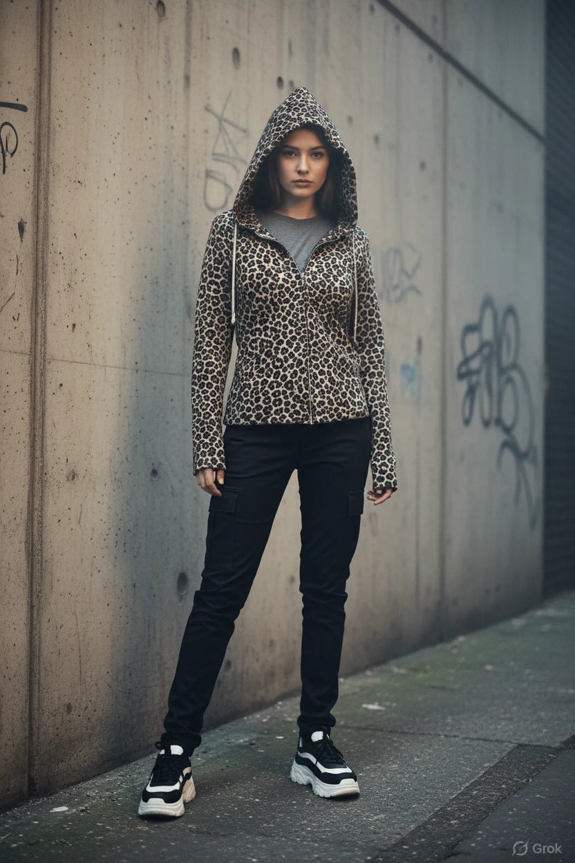 Women’s leopard zip hoodie by Craftklart Dropship featuring a Y2K-inspired leopard print, streetwear style, and comfortable fit.