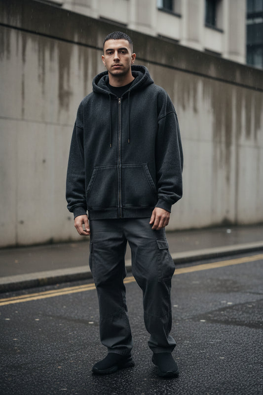Dark green men's oversized waxed hoodie by Craftklart Dropship, casual zip-up hoodie with a loose fit and solid color design.